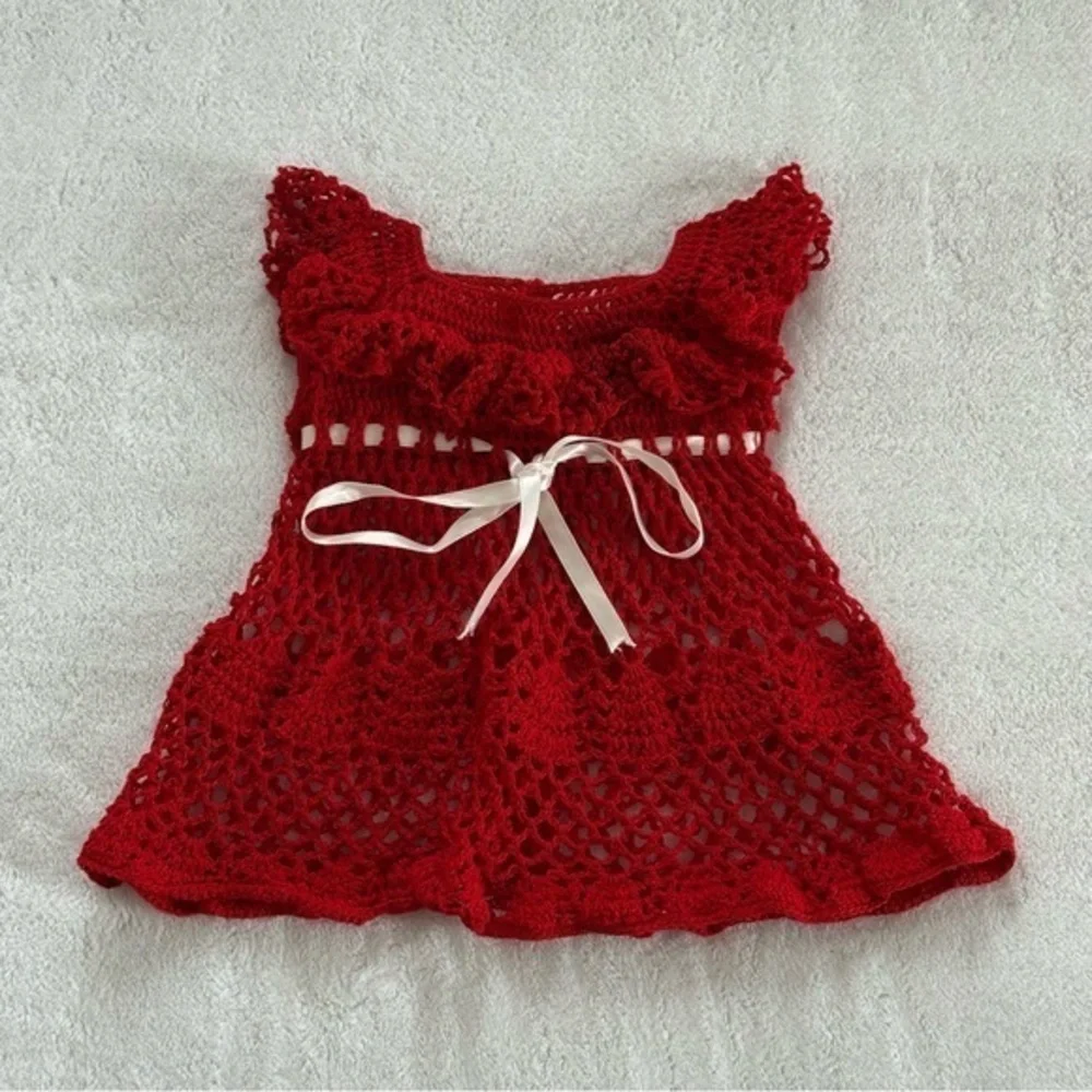 Handmade Red Crochet Baby Dress with Ribbon Bow Girls Kid Vintage Heirloom Style